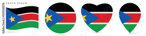 Free Download South Sudan waving flag, circle badge, heart shaped, map pin. Flat vector illustration isolated - GFXLoad