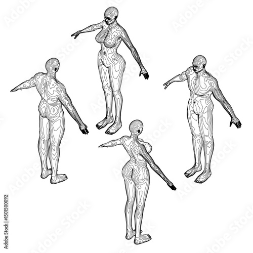 Four figures of women in black and white pose in a circle. The figures are all different sizes and are all facing the same direction. Scene is one of unity and harmony. Isometric view. 3D