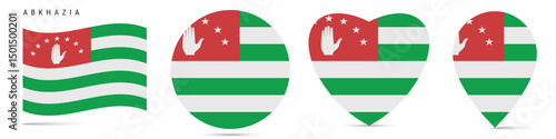 Abkhazia waving flag, circle badge, heart shaped, map pin. Flat vector illustration isolated