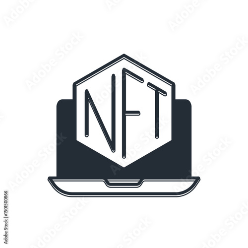 Black Laptop with art store app icon isolated on white background. Technology of selling NFT tokens for cryptocurrency. Non fungible token concept. Vector