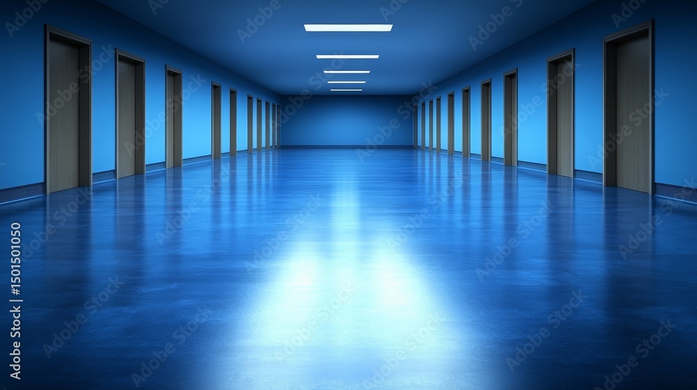 Obraz premium Long Blue Corridor with Closed Doors Modern Interior Architecture Design