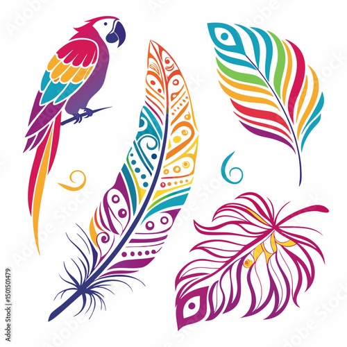Colorful parrot and ornate feathers tropical bird design