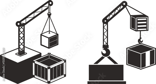 Crane lifting boxes and containers construction site logistics, Illustration of cranes lifting and moving cargo containers and boxes