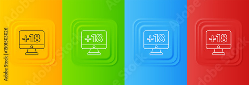 White Computer monitor with 18 plus content icon isolated on colorful background. Age restriction symbol. Sex content sign. Adult channel. Set icons in square buttons. Vector