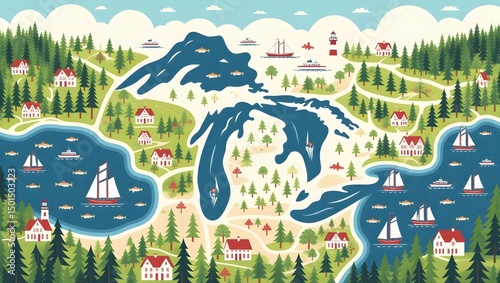 Colorful Map of Lake Michigan with Charming Towns and Waterways