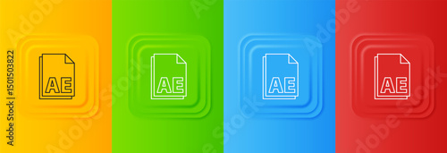 White AE file document icon isolated on colorful background. Set icons in square buttons. Vector
