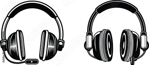 Two styles of headphones one with a microphone a design element for audio music and communication, A simple illustration showcasing two different headphone designs one with a built-in microphone