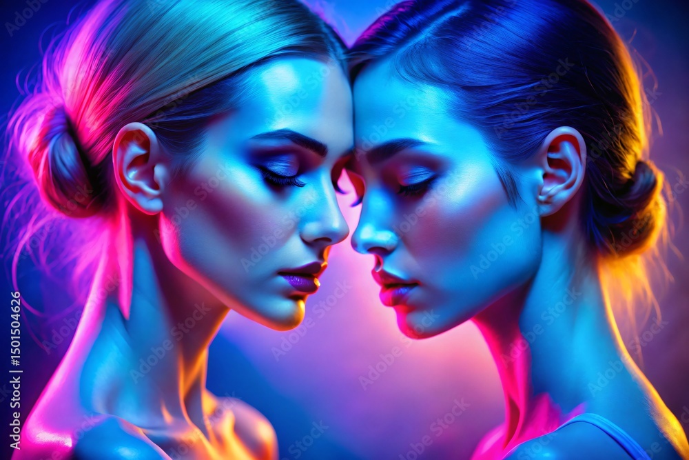 Obraz premium Two women with vibrant neon color tones in a modern and artistic portrait