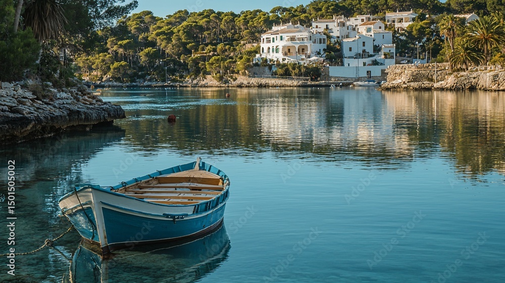 Serene blue boat in a tranquil cove, reflecting white houses and lush greenery Serene blue boat in a tranquil cove, reflecting white houses and lush greenery