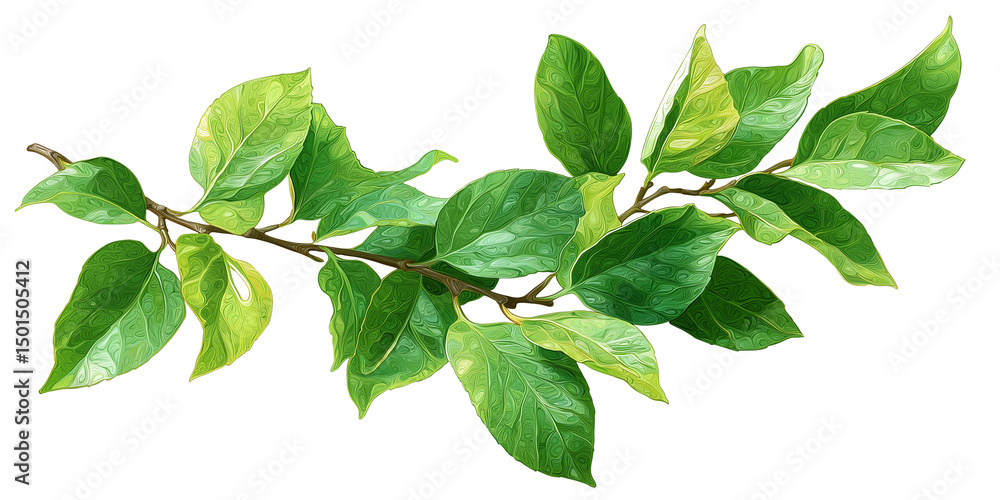 Fototapeta premium Artistic illustration of a branch featuring lush green leaves isolated on a white background