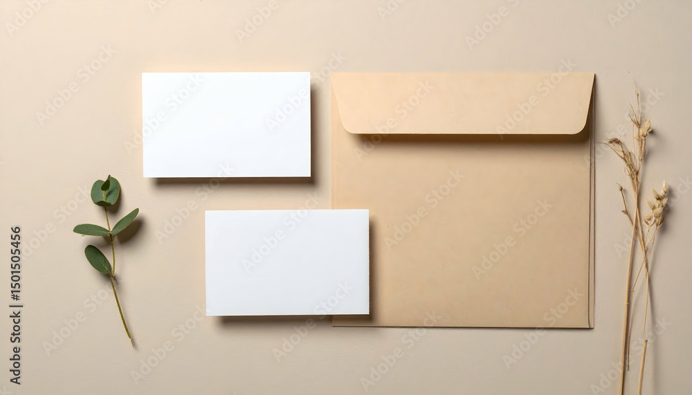 Beige Stationery Mockup with Blank Cards and Envelope Beige Stationery Mockup with Blank Cards and Envelope