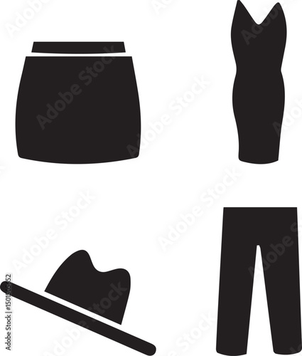 Fashion Icons: A minimalist silhouette of everyday wardrobe essentials like skirt, dress, hat, and pants, against a pristine backdrop. This image is a nod to classic and chic style.