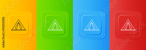 White Tourist tent icon isolated on colorful background. Camping symbol. Set icons in square buttons. Vector