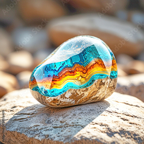 Prismatic Core is a gem of earth and light, a high-resolution closeup of a highly polished, abstract gemstone set on a natural rock surface.