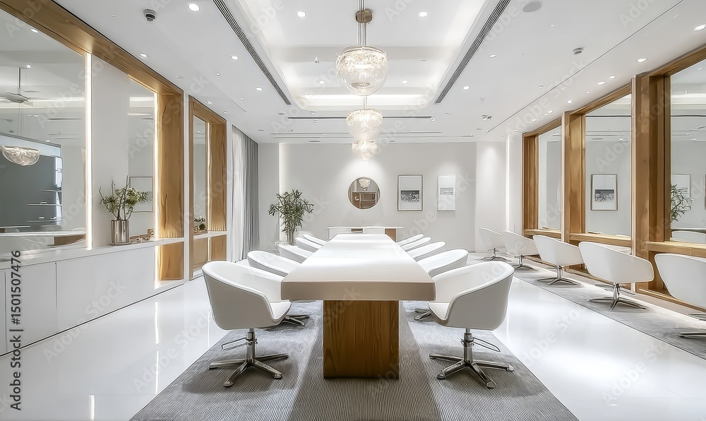 Modern Conference Room with White Chairs and Wooden Table