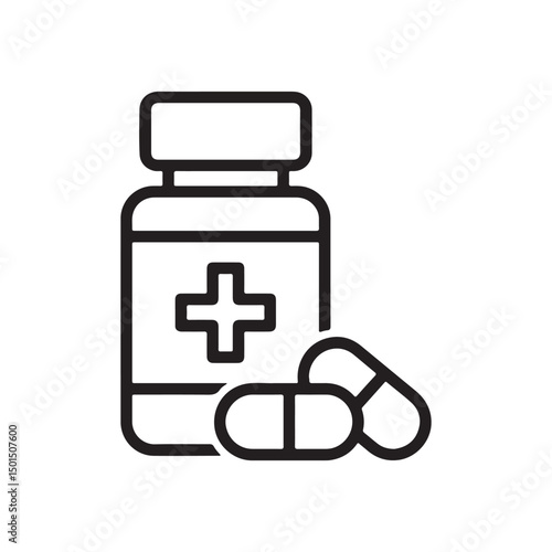 Pill Bottle Line Icon, Pharmaceutical and Medication Symbol Vector on White Background