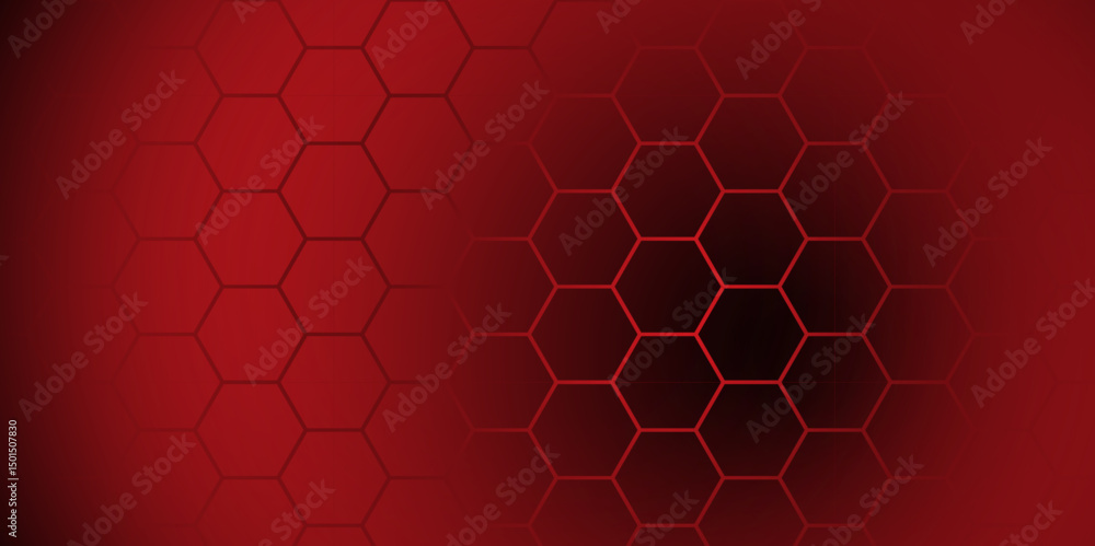 Abstract Red Hexagon Technology Background Vector. Futuristic Red Tech Grid Hex Pattern. Dark Red Honeycomb Abstract Background.