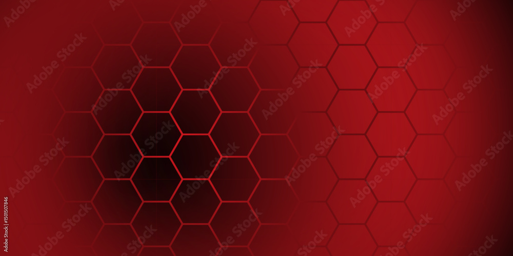 Abstract Red Hexagon Technology Background Vector. Futuristic Red Tech Grid Hex Pattern. Dark Red Honeycomb Abstract Background.