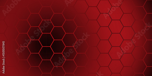 Abstract Red Hexagon Technology Background Vector. Futuristic Red Tech Grid Hex Pattern. Dark Red Honeycomb Abstract Background.