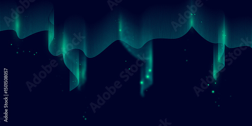 Abstract Mystical Northern Lights Aurora in Night Sky. Glowing Polar Lights over Dark Landscape. Aurora Borealis Lights in Sky, Dreamy Cosmic Light Waves. 