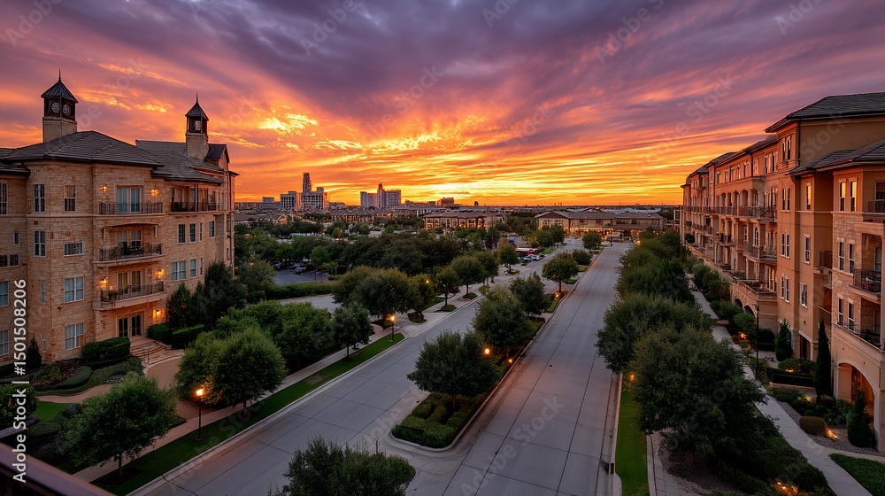 Fototapeta premium Cityscape bathed in a fiery sunset glow