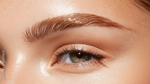 Naturally styled eyebrows with glossy finish, showcasing close up of eye and skin texture, radiating beauty and confidence. illumination enhances features beautifully