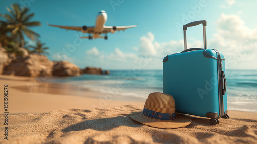 Fototapeta Naklejka Na Ścianę i Meble -  Suitcase and airplane on tropical beach background