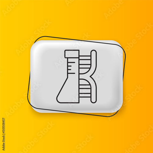 Black DNA research, search icon isolated on yellow background. Genetic engineering, genetics testing, cloning, paternity testing. Silver rectangle button. Vector