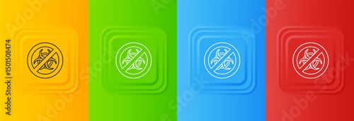 White Stop GMO icon isolated on colorful background. Genetically modified organism acronym. Dna food modification. Set icons in square buttons. Vector