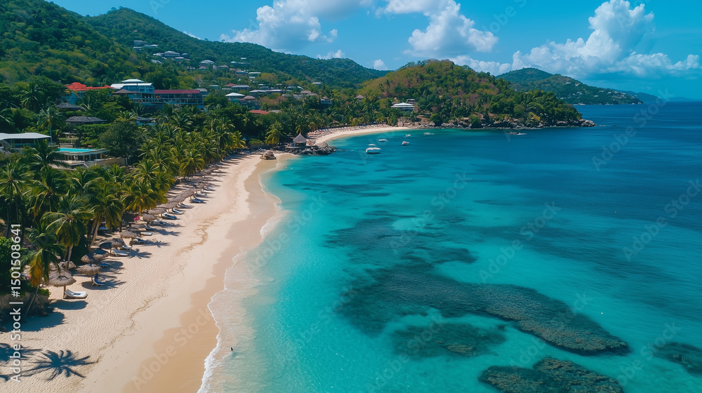 Obraz premium Scenic Tropical Beach with Coral Reefs and Mountain Backdrop
