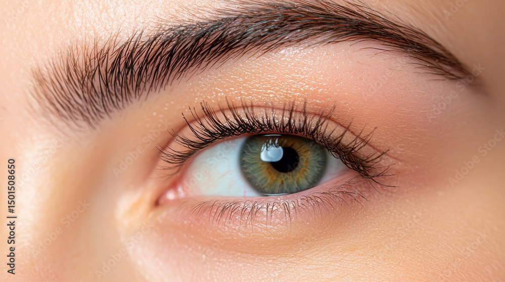 Obraz premium Close up of beautiful eye showcasing delicate eyebrow strokes and flawless eyelashes, highlighting vibrant colors and intricate details of iris. image evokes sense of beauty and precision