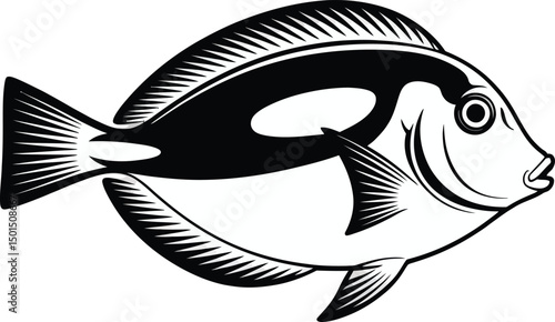 Vibrant Blue Tang fish in a dynamic silhouette, on a clean white background