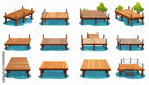 Collection of Pixel Art Wooden Docks on Blue Water
