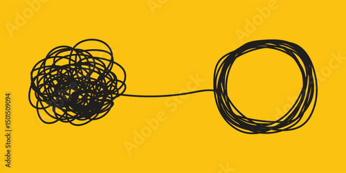 Tangle tangled and untangled. Abstract metaphor, concept of solving problems in business. Vector illustration