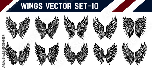 Fantasy Dark Winged Angel Clipart – Vector Feather Illustrations in Black for Gothic Tattoo Artists and Mythical Art Projects.
