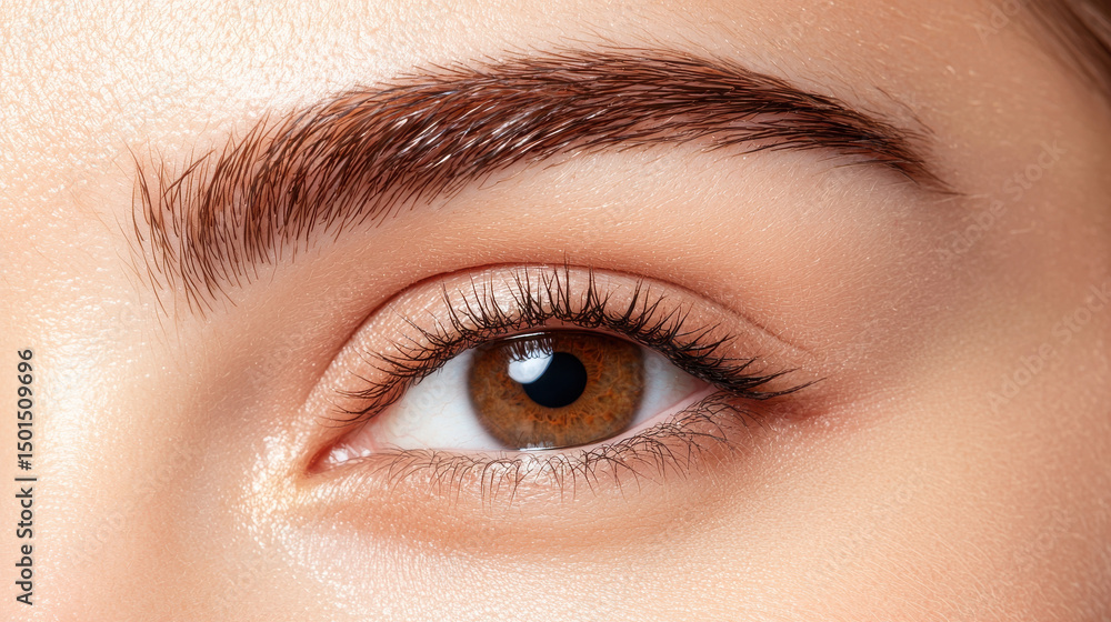 Obraz premium Close up of beautiful eye showcasing eyebrow symmetry and smooth skin, highlighting natural beauty and detail of iris and eyelashes. image evokes sense of calm and simplicity