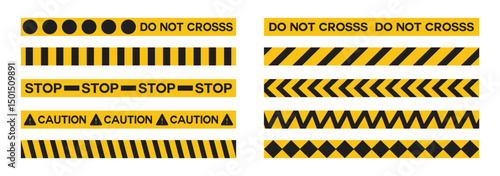 Caution Tape Set. Yellow Warning Ribbons. Abstract Stripes for Police, Accident, Under Construction. Danger Tape. Seamless Vector collection