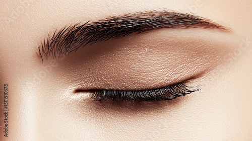 Close up view of beautifully groomed eyebrow with natural finish, showcasing delicate texture of skin and eyelashes. image conveys sense of elegance and beauty