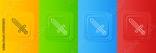 White Medieval sword icon isolated on colorful background. Medieval weapon. Set icons in square buttons. Vector