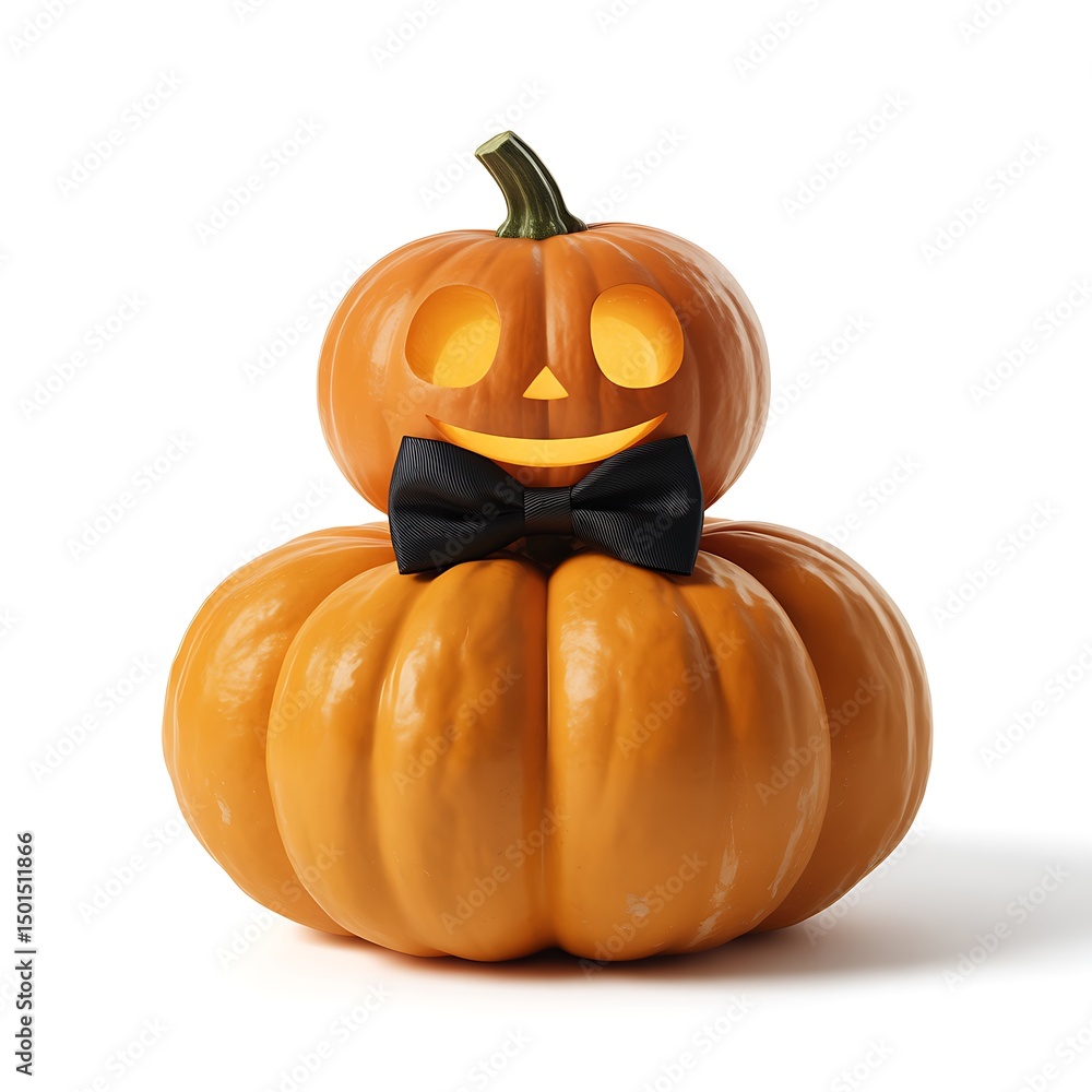 Obraz premium Dapper Halloween Pumpkin Snowman with Glowing Face and Bow Tie, Isolated