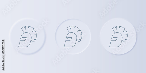 Grey Greek helmet icon isolated on grey background. Antiques helmet for head protection soldiers with a crest of feathers or horsehair. Set icons in square buttons. Vector