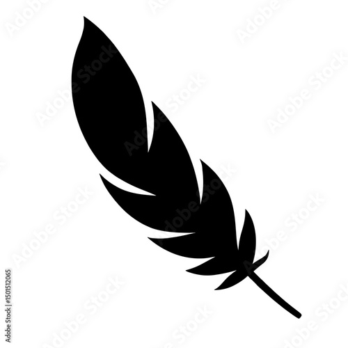 Minimalist black silhouette of a gracefully curved feather against a white background