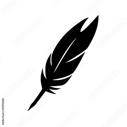 Minimalist black silhouette of a feather with notched tip on white background