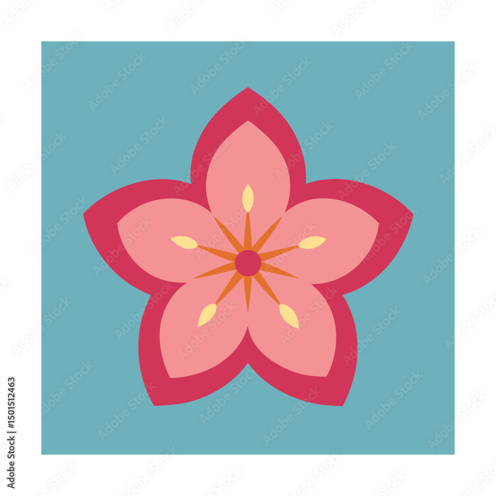 Fototapeta premium Simple floral design with five petals in pink on a blue background for graphic elements