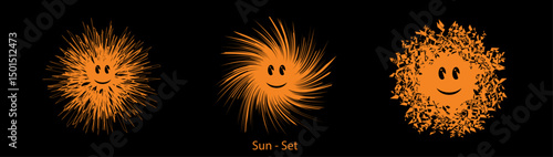Abstract groovy style orange spiral sun star explosion icon set with face on black. Creative star explode, summer sunrise concept sign set to use for vacation, turism, summer holiday projects.