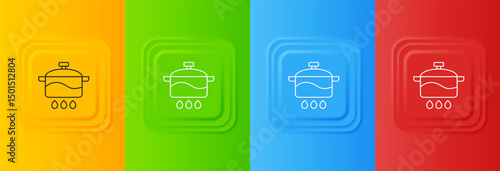 White Cooking pot icon isolated on colorful background. Boil or stew food symbol. Set icons in square buttons. Vector