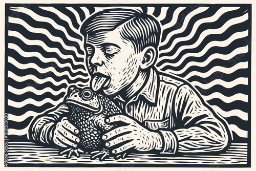 Vintage linocut illustration of a boy licking a toad. Surreal black and white woodcut artwork with a wavy, psychedelic background. Strange, bizarre concept.