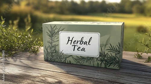 Herbal tea box with botanical illustrations on a wooden surface.