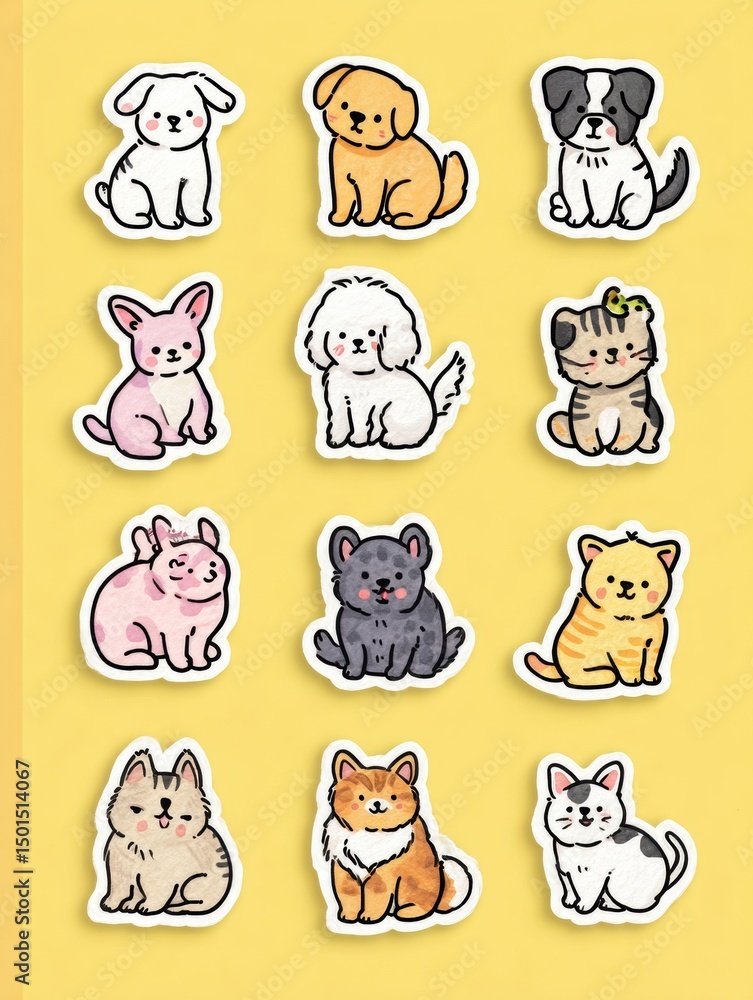 custom made wallpaper toronto digitalCute Pet Stickers Collection Featuring Various Animals on a Bright Yellow Background With Clear Right Margin