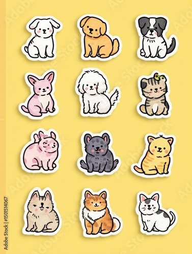 Cute Pet Stickers Collection Featuring Various Animals on a Bright Yellow Background With Clear Right Margin
